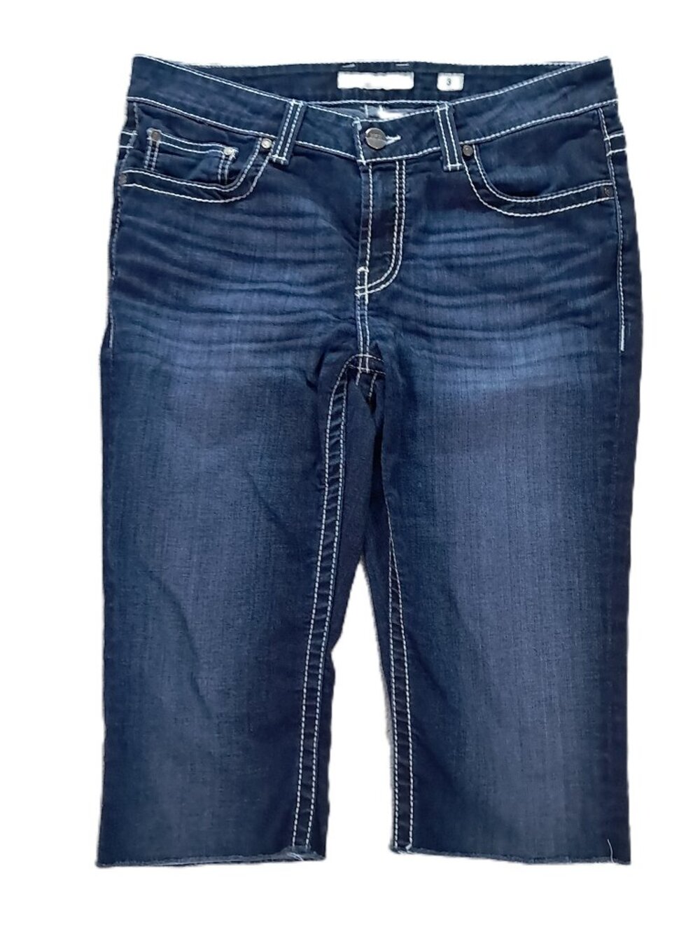 BKE Payton Jean Capri Women 35x17, Tag 31 Raw Hem Blue Denim Stretch